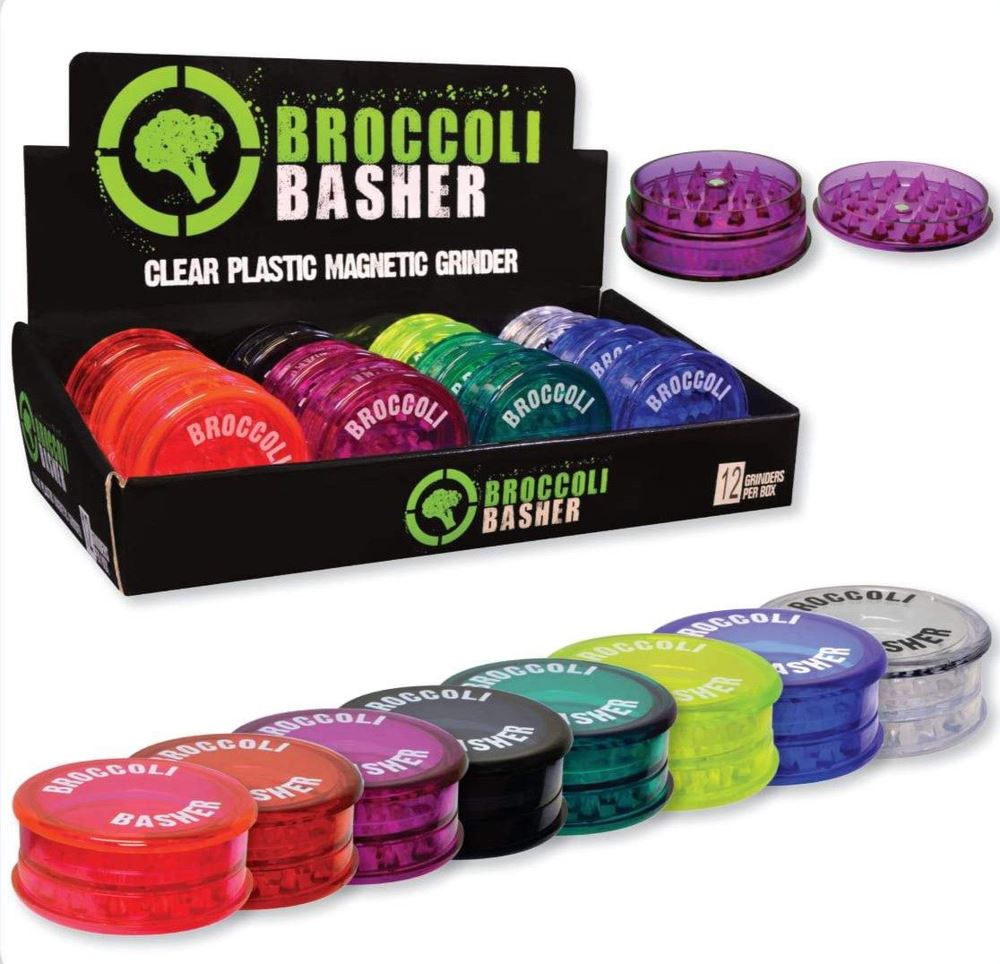 Broccoli Basher - Clear Plastic Grinder - Assorted Colors - (12 Count Display) Flower Power Packages 