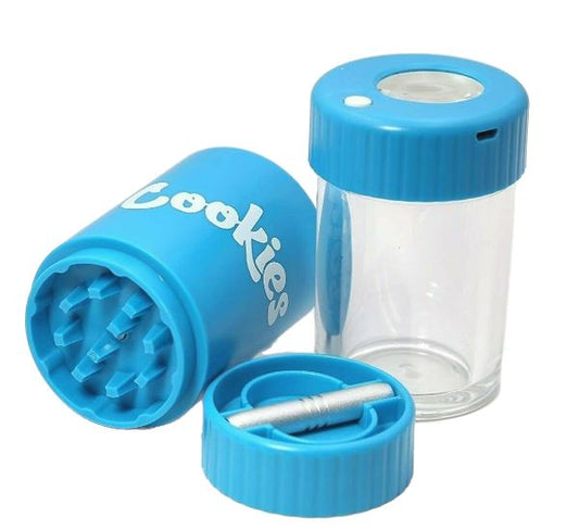 Cookies 4 in 1 Airtight LED Magnifying Jar w/Grinder & One-Hitter Flower Power Packages 