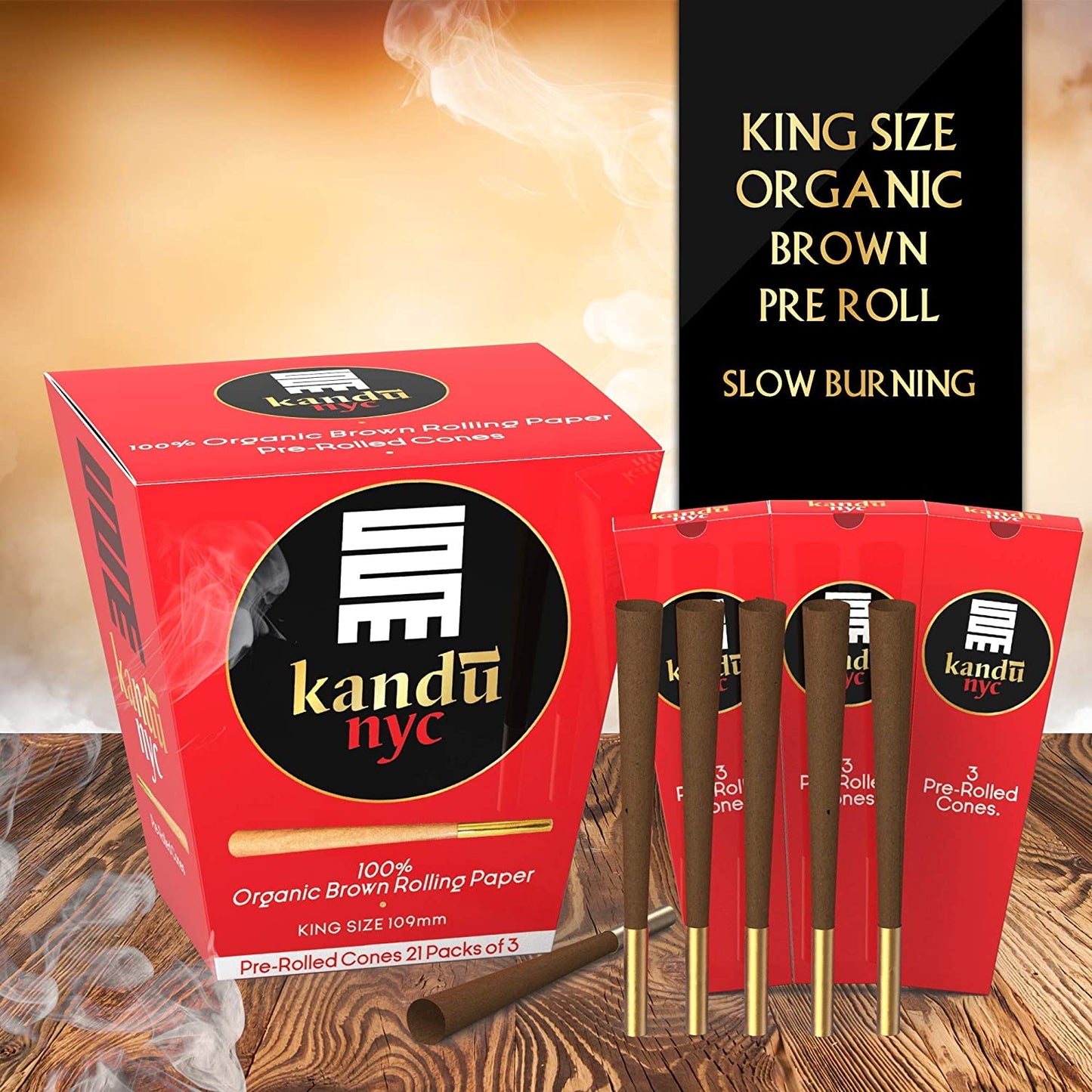 Kandu NYC King Size Pre Rolled Cones, Display Box 21 Count with 3 Cones Each Flower Power Packages 