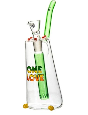 The One Love bubbler fits right in the palm of your hand; keeping the good vibes going all day long! SPECS 7.5 " Angled Bubbler base Colored Mult-hole built-in downstem for stacking bubbles Cone shaped bowl with handle for easy disposal of ashes (many bubblers don't have a removable bowl, making them harder to ash) Small yellow feet for added stability WHATS INCLUDED  (1) One Love Bubbler (1) 14 mm male bowl at Flower Power Packages
