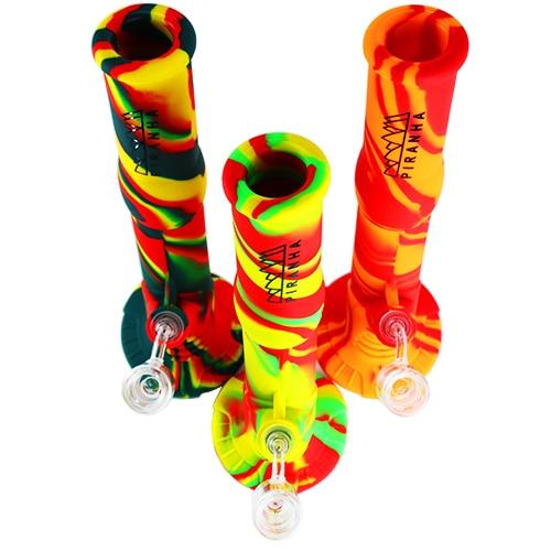 Piranha Silicone Water Pipe 14" Two Piece w/ Glass Downstem - Assorted Colors Flower Power Packages Default 