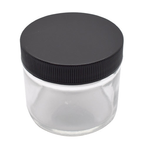SAMPLE of 2 oz Glass Straight Sided Round Jar - Black Or White - (1 Count SAMPLE) Flower Power Packages Black (Ribbed Lid) 