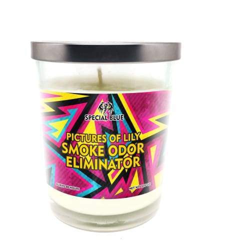Special Blue Odor Eliminator Candle -Pictures of Lily Flower Power Packages 