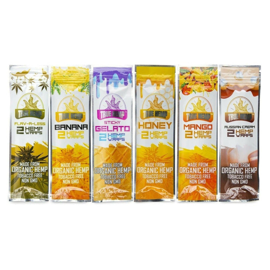 True Hemp Various Flavors 25 Packs Per Box 2 Wraps Per Pack - (6 Displays Of All Flavors) Flower Power Packages 