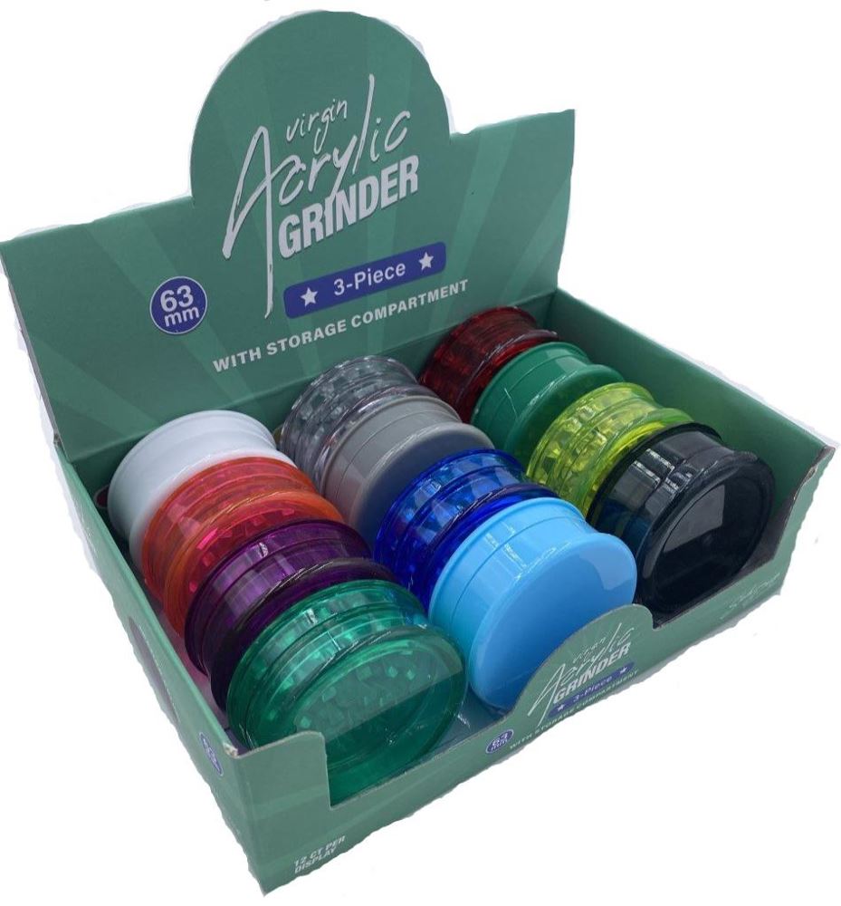 Virgin Acrylic 3 Piece Grinder-12 Count Display-Mixed Colors at Flower Power Packages