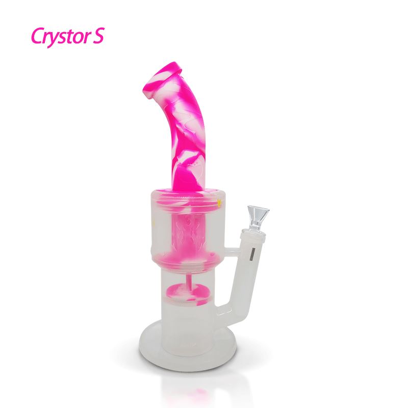 Waxmaid 12″ Crystor S Transparent Silicone Double Percolator Water Pipe With Ice Catcher Smoke Drop Pink White 